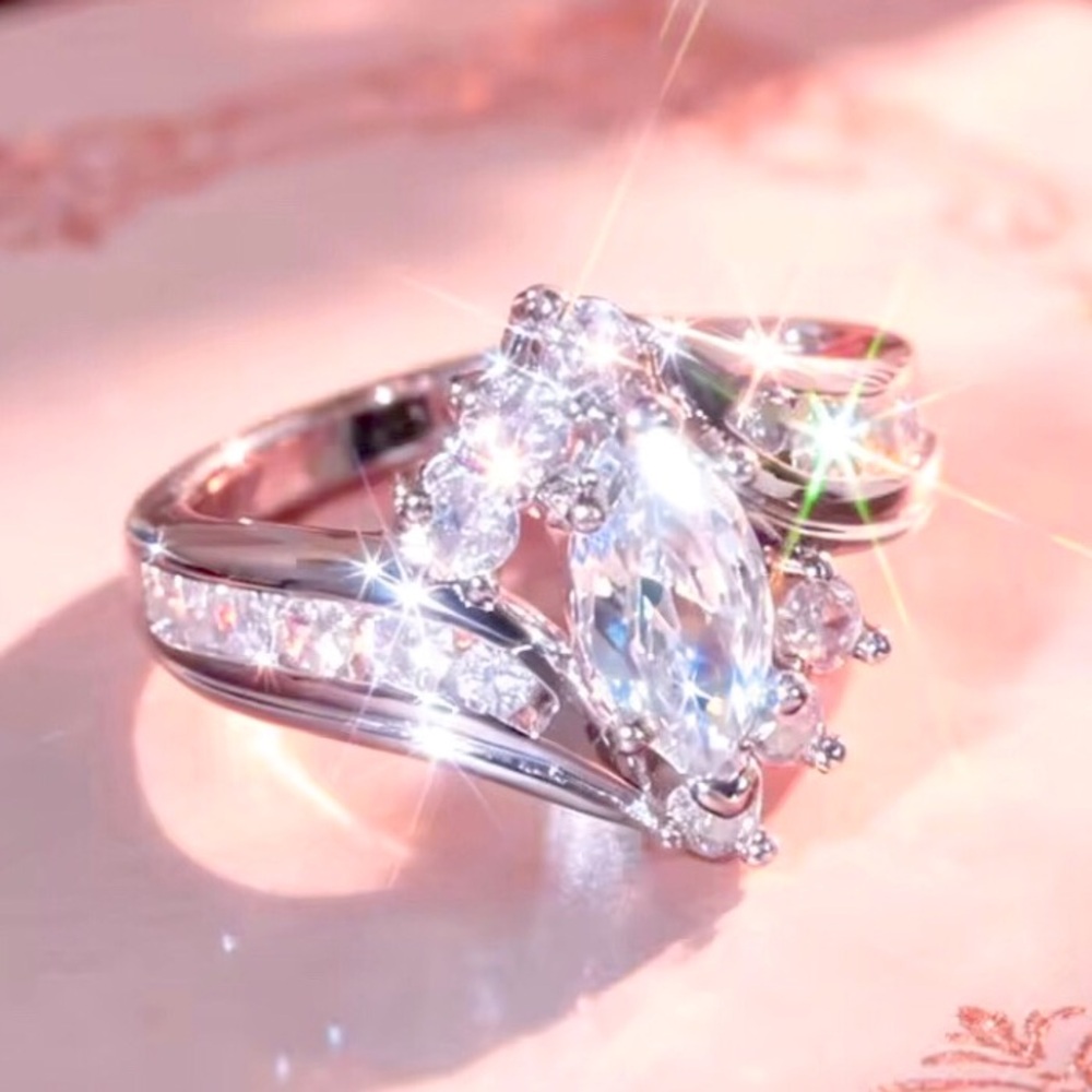 Chunky Silver Marquise Diamond Engagement Ring